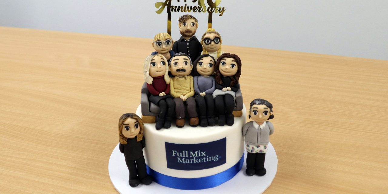 Manufacturing marketing agency Full Mix Marketing captured in cake for 10th anniversary