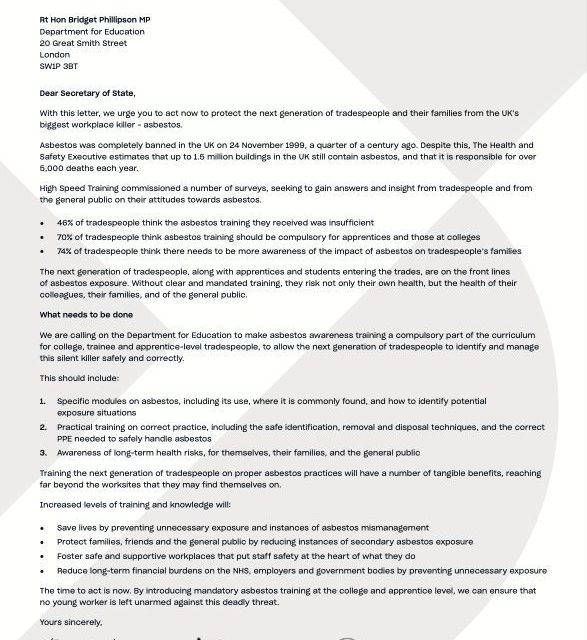 Open letter calls for the Department for Education to add asbestos awareness to the curriculum for apprentices